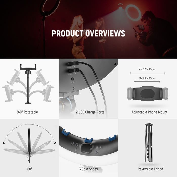 Product overviews of the NEEWER RP19C 19" RGB LED Ring Light