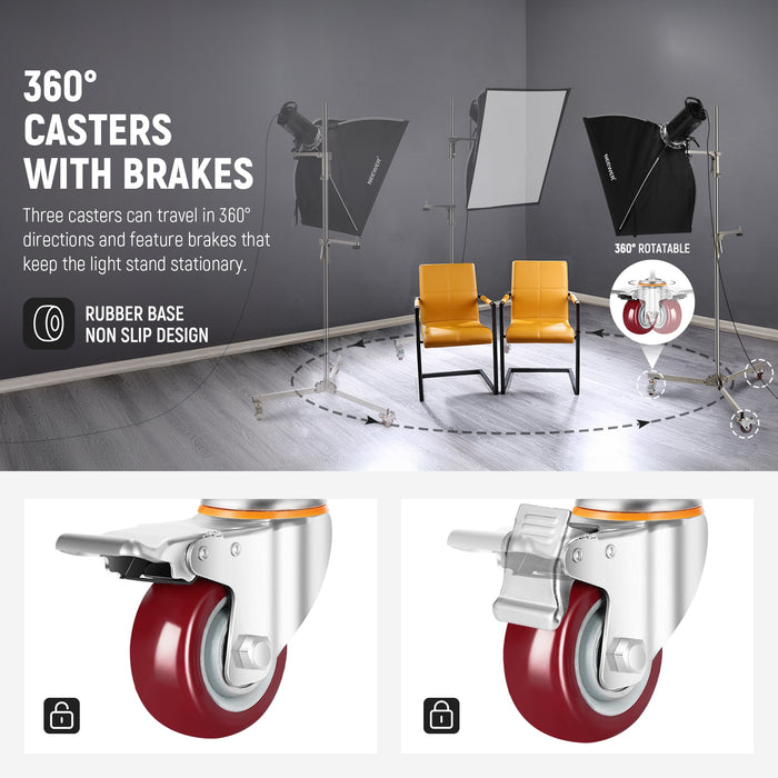 NEEWER ST198SS Heavy Duty Light Stand has 3 casters with brakes.