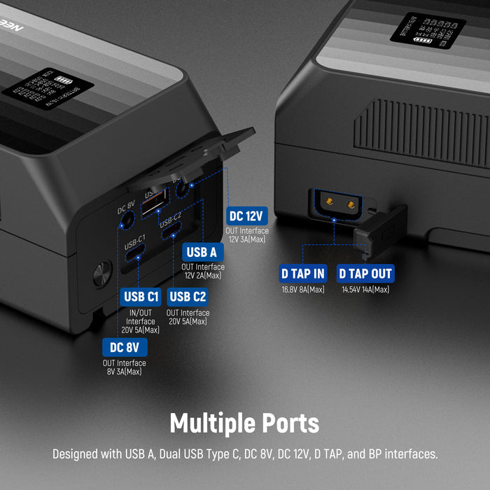 NEEWER PS099EP Mini V lock battery comes with multiple ports.