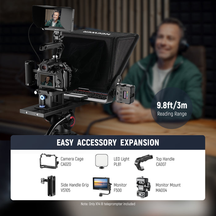 1/4" and 3/8" threads can mount the teleprompter on a tripod for stable video recording