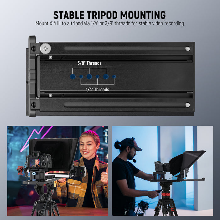 NEEWER X14 III Video Teleprompter features 1/4" and 3/8" threads