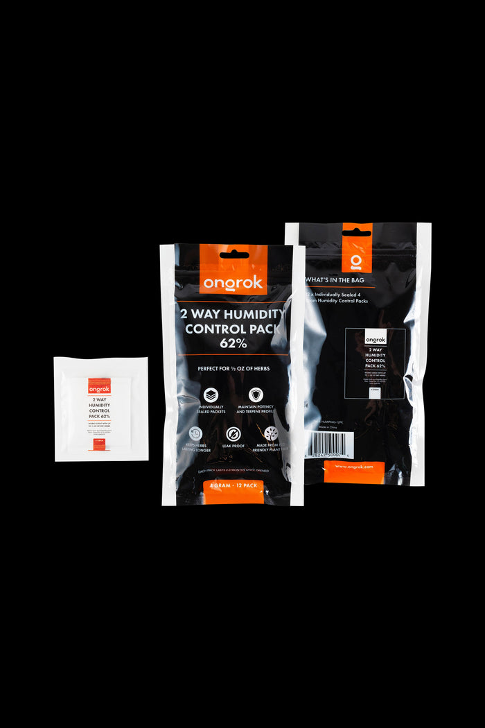 Three black and orange Onopak humidity control packs for preserving cannabis, shown against a dark background.