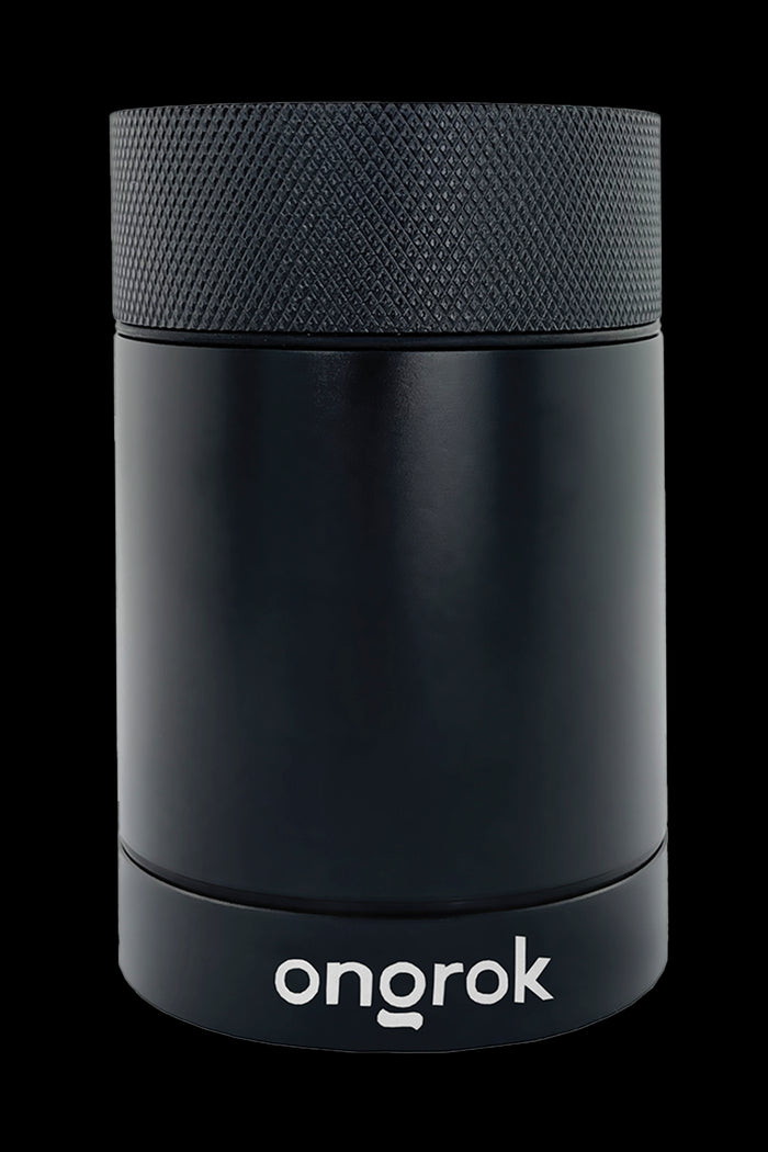 Black Onrok cannabis storage container with textured lid.