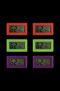 Digital hygrometers displaying 62% humidity and 72°F, in red, green, and purple casings."