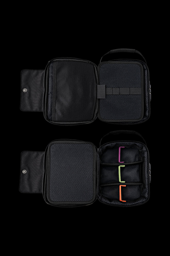 Black, padded cannabis accessory case with customizable interior compartments, shown both closed and open.