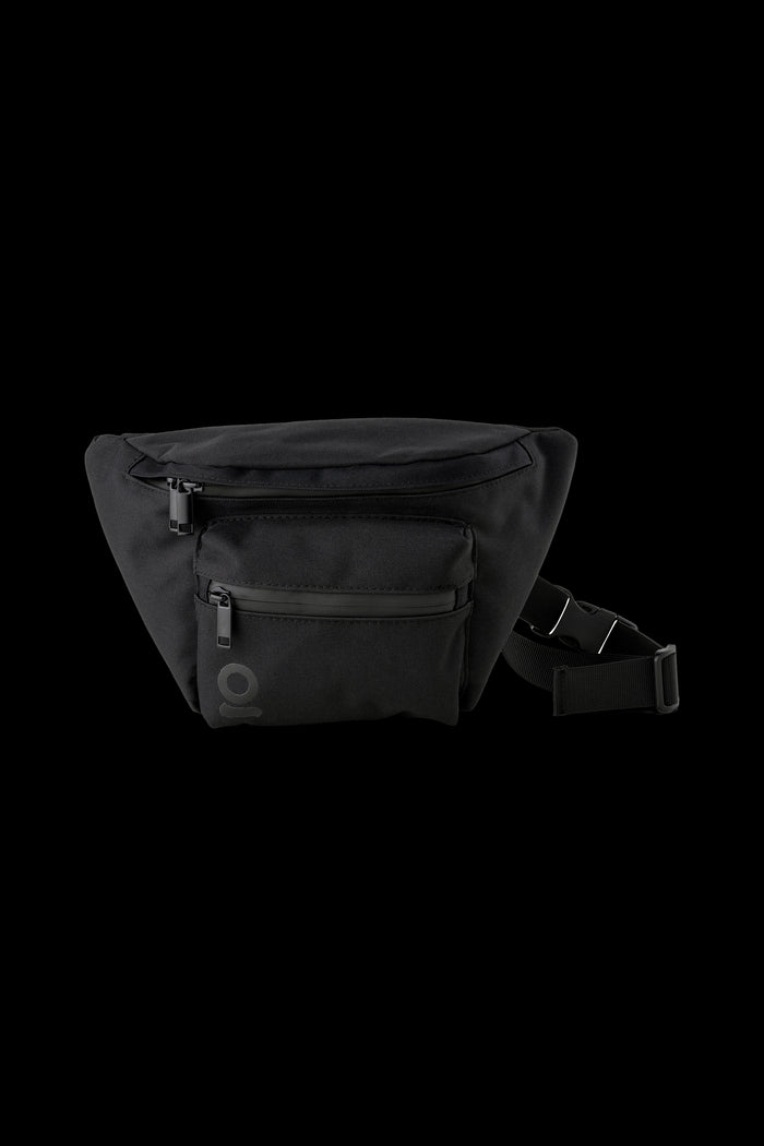 Black cannabis accessory bag with a zippered main compartment and small exterior pocket, designed as a discreet carry case.