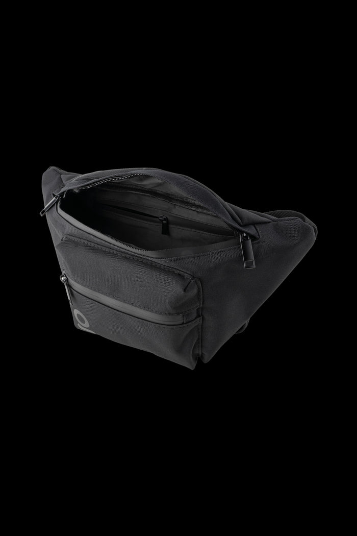 Black cannabis accessory bag with open zipper revealing interior.