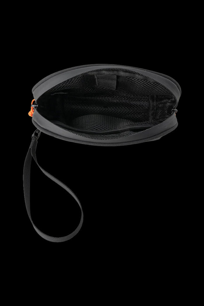 Open cannabis accessories case with black exterior and patterned interior.