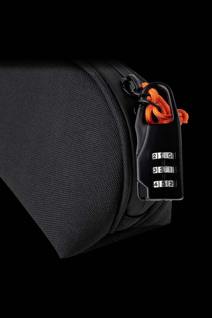 Black, lockable cannabis smell-proof case with a combination lock.