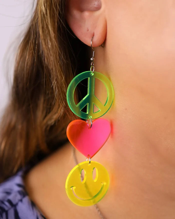 Peace Love & Happiness Earrings, Dangle Earrings, - One Stop Rave