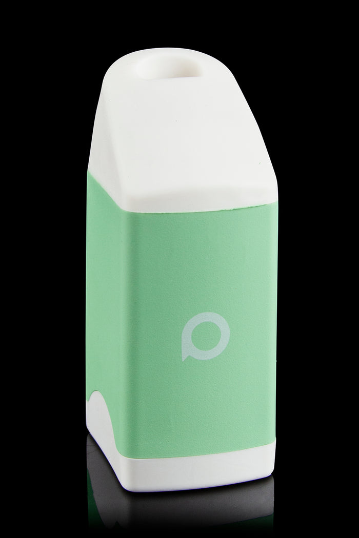 Mint green and white cannabis vaporizer pen with a circular logo.