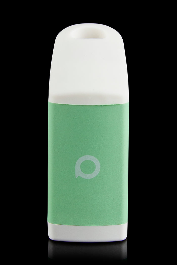 White and green cannabis oil vape cartridge with a circular logo.