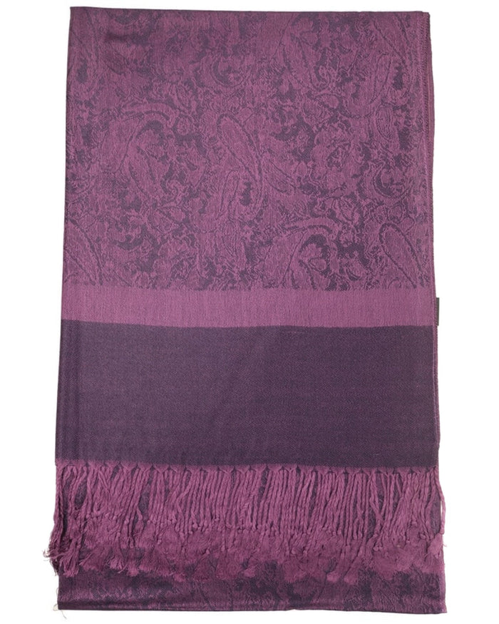 Purple scarf with intricate patterns and fringes on a white background