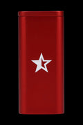Close-up front view of the red Jimi Rainbow Haze Dugout showing a white star emblem on its cylindrical body against a black background