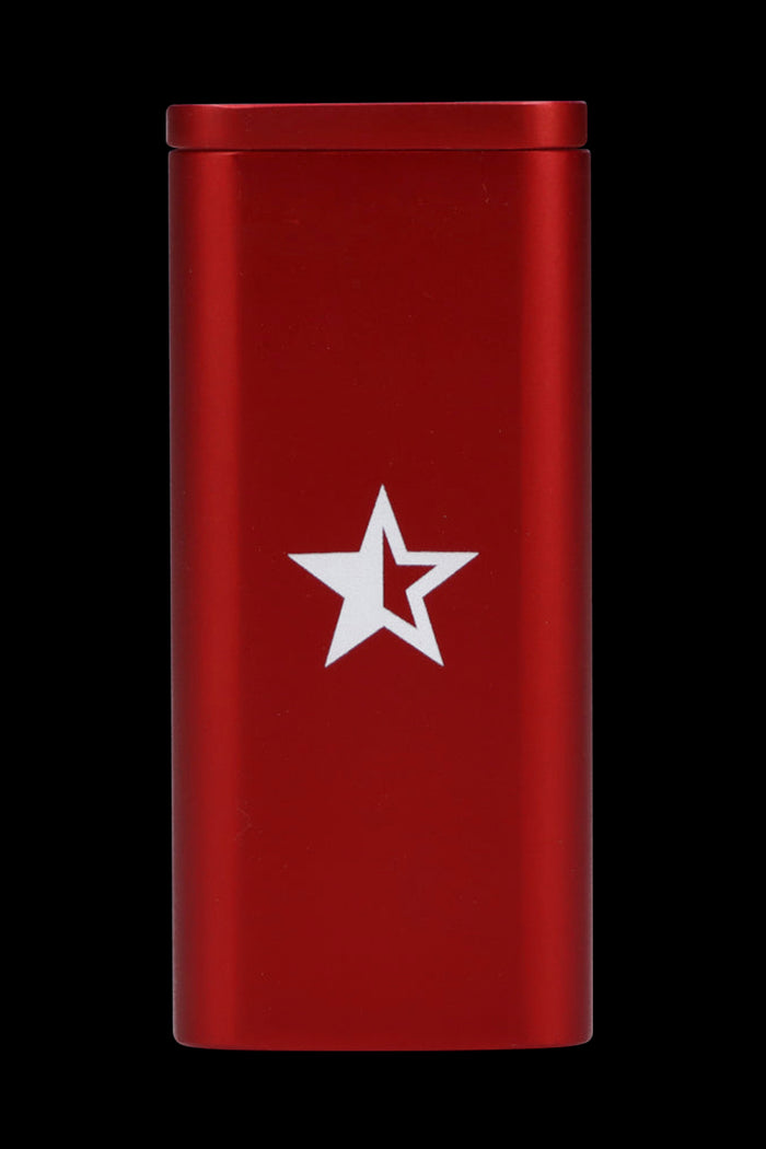 Close-up front view of the red Jimi Rainbow Haze Dugout showing a white star emblem on its cylindrical body against a black background