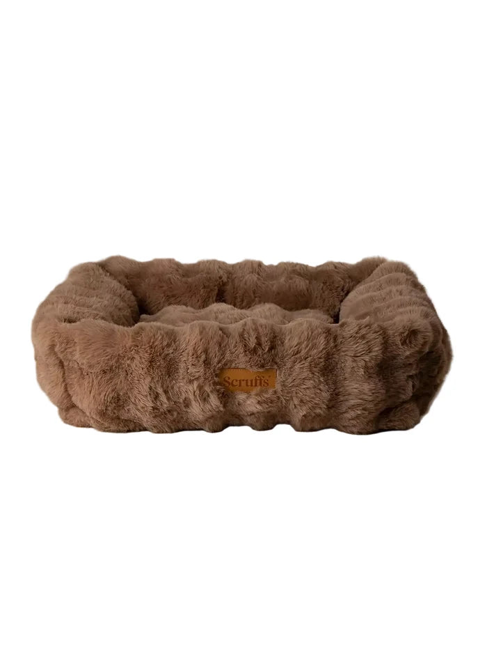 Scruffs Alpine box bed in taupe faux fur photographed from above, showing the padded bolster sides