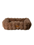 Scruffs Alpine box bed in taupe faux fur photographed from above, showing the padded bolster sides