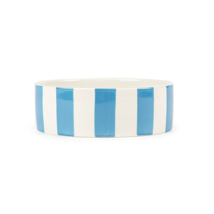 Scruffs Amalfi stoneware pet bowl in blue with hand-painted stripes, 13cm across