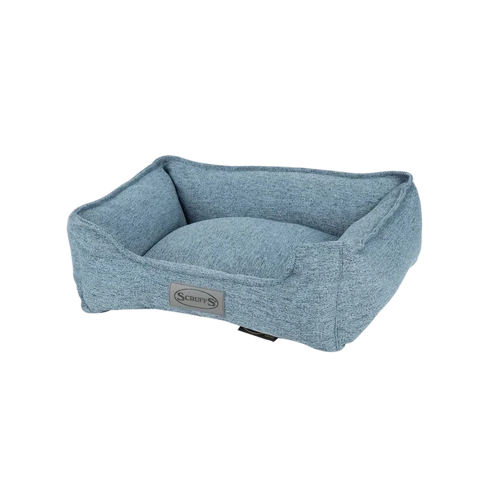 Scruffs Manhattan box bed in denim blue marl fabric with filled sidewalls and matching outer stitching