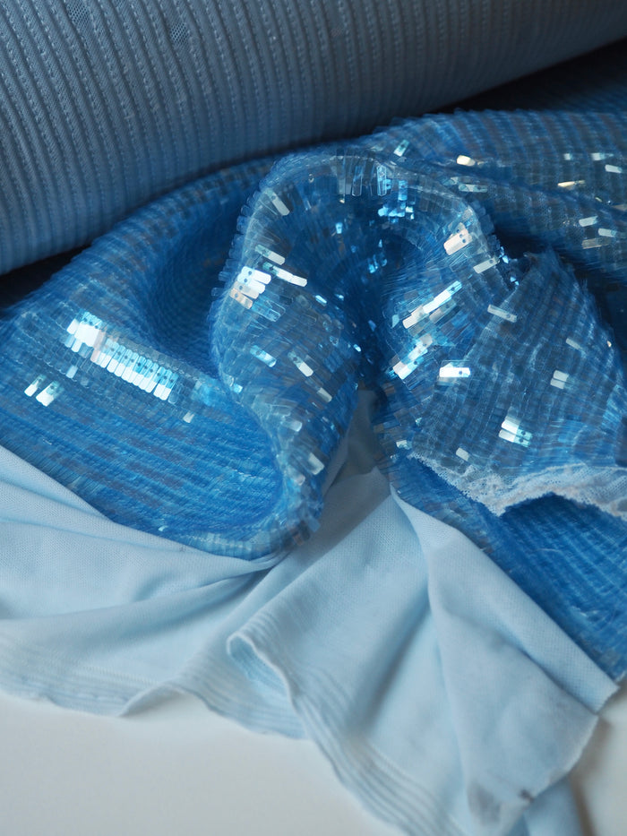 Sky Blue Translucent Long Sequin Stretch Mesh