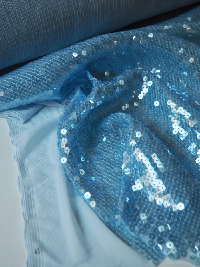 Sky Blue Translucent Sequin Stretch Mesh