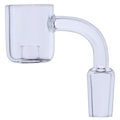 Close-up side view of the Smoke Cartel Core Reactor Quartz Banger showing its clear glass bucket and 90-degree curved neck against a white background.