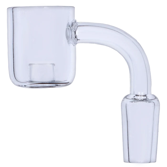 Close-up side view of the Smoke Cartel Core Reactor Quartz Banger showing its clear glass bucket and 90-degree curved neck against a white background.
