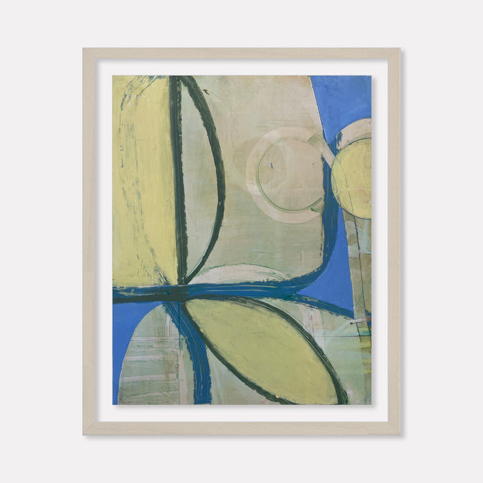 Spring Fling 7 by Janice La Motta features abstract geometric shapes in soft yellow-green and vibrant blue, with curved lines creating a petal-like form. The oil pastel artwork on Yupo paper showcases organic shapes with bold outlines, suggesting a modern interpretation of natural elements. The composition balances muted sage tones with bright cobalt accents.