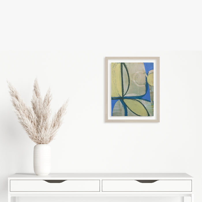 Spring Fling 7 by Janice La Motta features abstract geometric shapes in soft yellow and vibrant blue tones. The oil pastel artwork on Yupo paper showcases curved lines and organic forms creating a harmonious composition with gentle intersecting arcs and subtle textural elements framed in white. 14x11 inches abstract modern artwork by Janice La Motta.