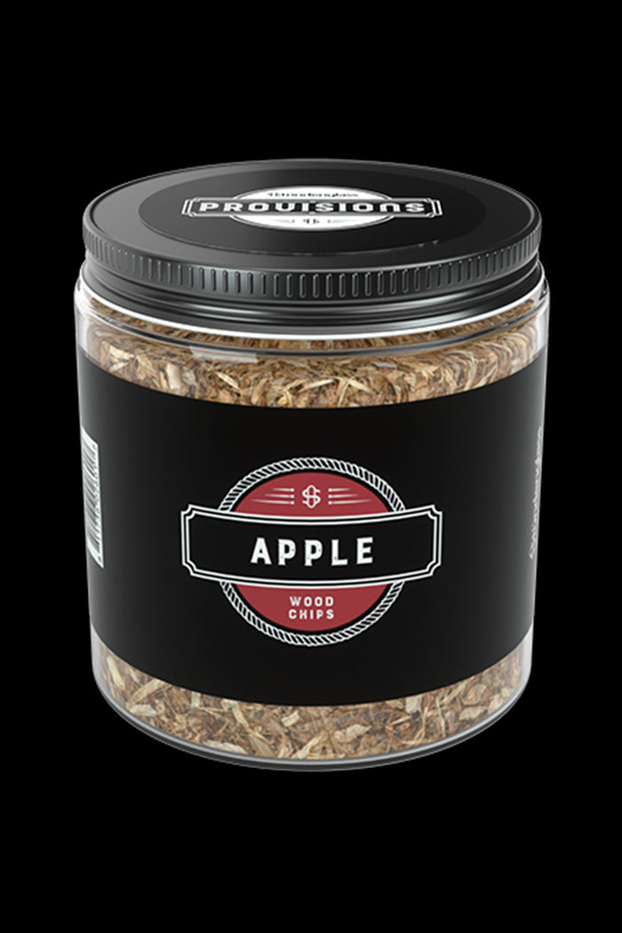 Glass jar filled with dried apple wood chips for smoking, labeled with a black and white design.