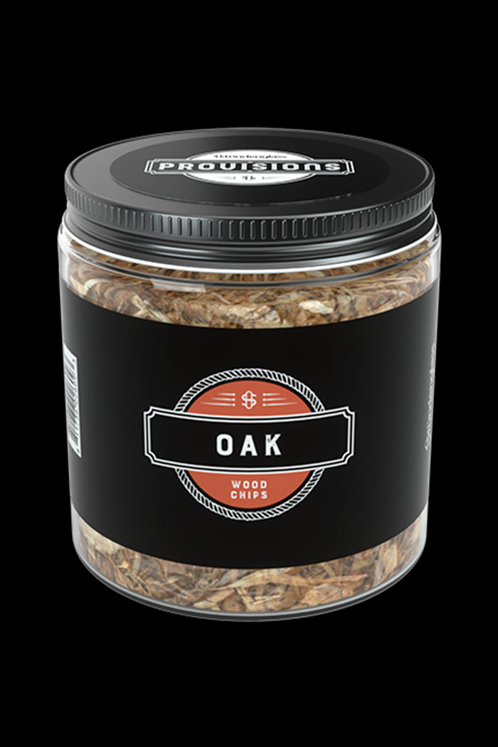 Glass jar filled with wood chips labeled "Oak" with cannabis leaf-inspired branding.