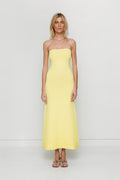 Yellow strapless tonal stripe knit maxi dress with body-con fit, perfect for maternity or event wear.