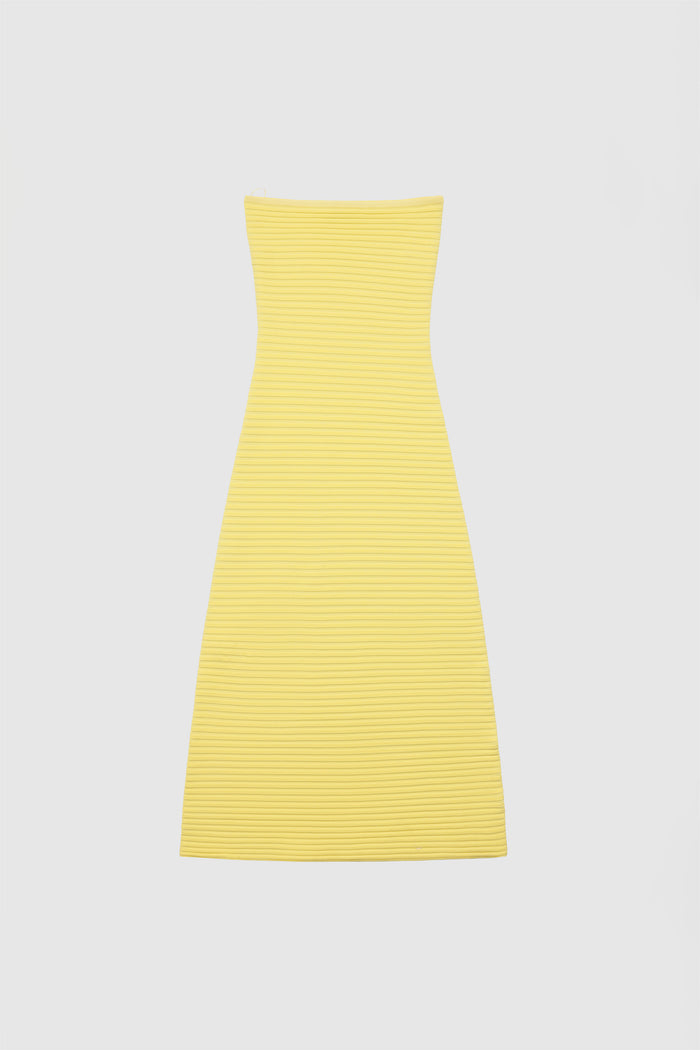 Yellow strapless tonal stripe knit maxi dress with body-con fit, perfect for maternity or event wear.