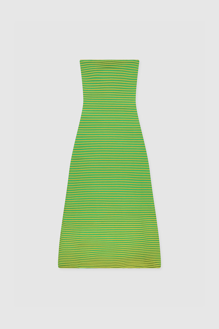 Lime green strapless tonal stripe knit maxi dress with body-con fit, perfect for maternity or event wear.