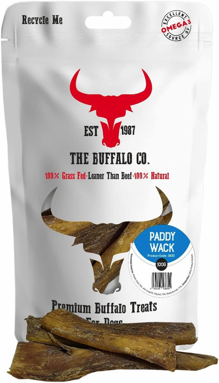 The Buffalo Co. Buffalo Paddywack, dried neck ligament dog chews in a 100g pack