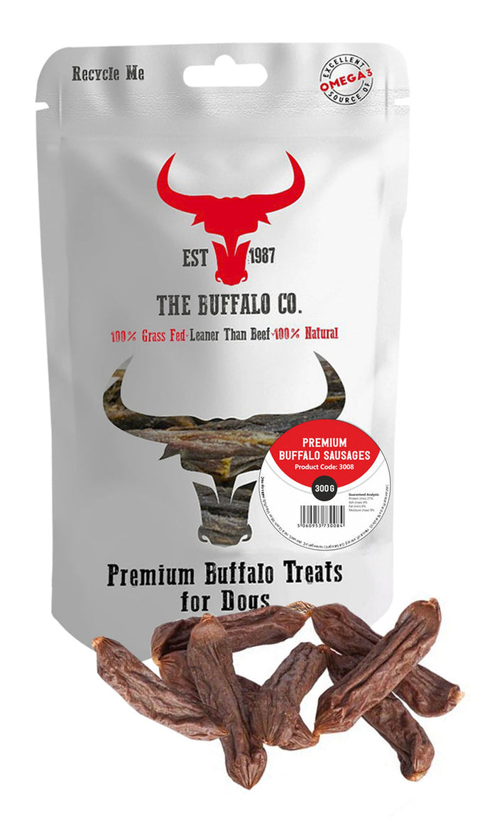 The Buffalo Co. premium buffalo sausage, a soft meaty treat that breaks into training pieces