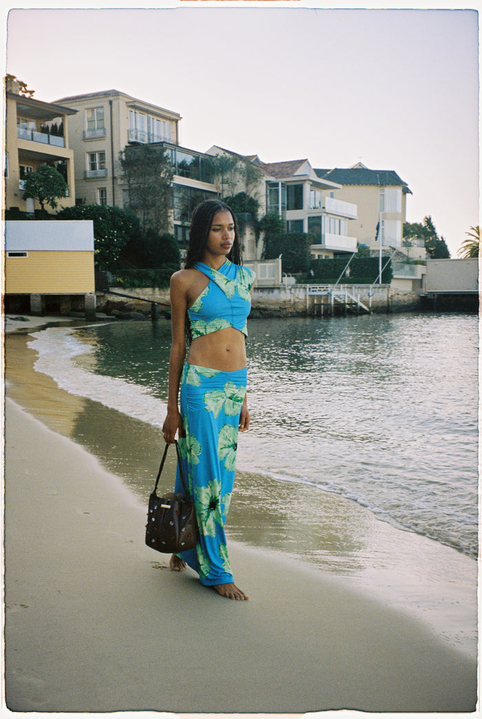 The Wolf Gang Veda Top in Cornflower, Veda Maxi Skirt in Cornflower, Bomba Bag in Chocolate Speckle