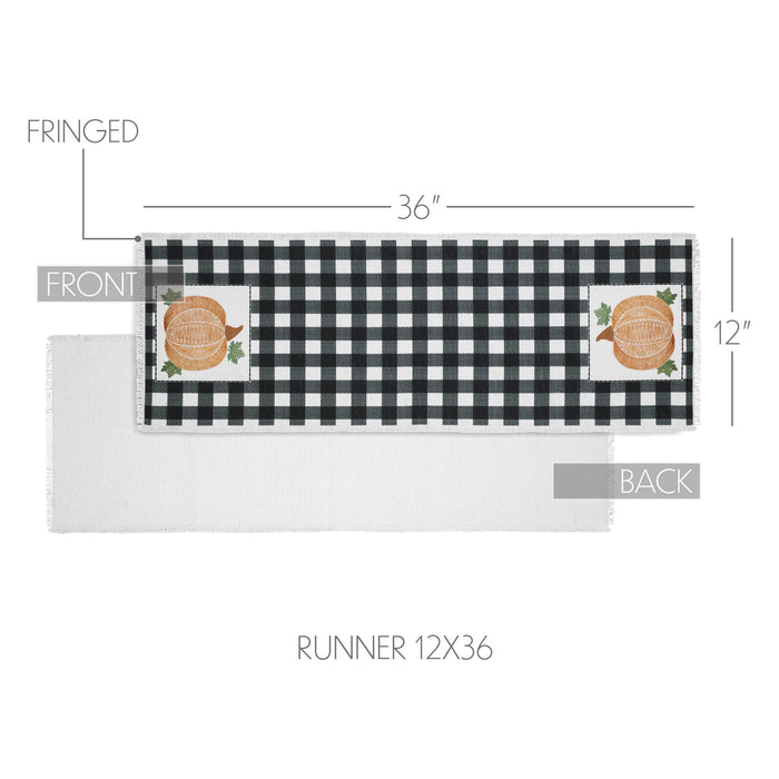 VHC Brands Annie Black Check Buffalo Plaid Pumpkin Harvest Table Runner Farmhouse Fall Holiday Kitchen Dining Home Decor, 12x36 Inches