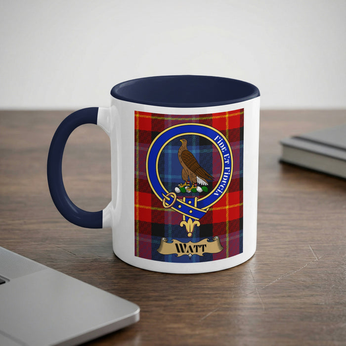 Watt crest on tartan background mug — navy handle and rim, Scottish heritage gift