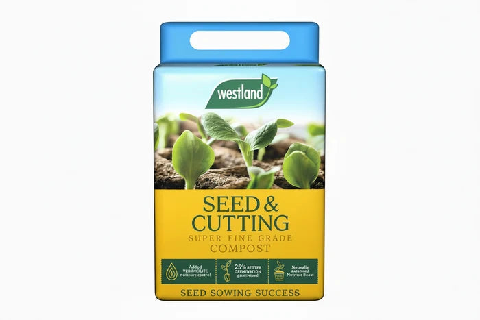 Westland Seed & Cutting Compost in a 25 litre bag, front of pack showing seed trays and young plants