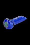 Angled close-up of the blue Wido Strain Hand Pipe showing a rounded bowl with colorful cartoon stickers on a black background