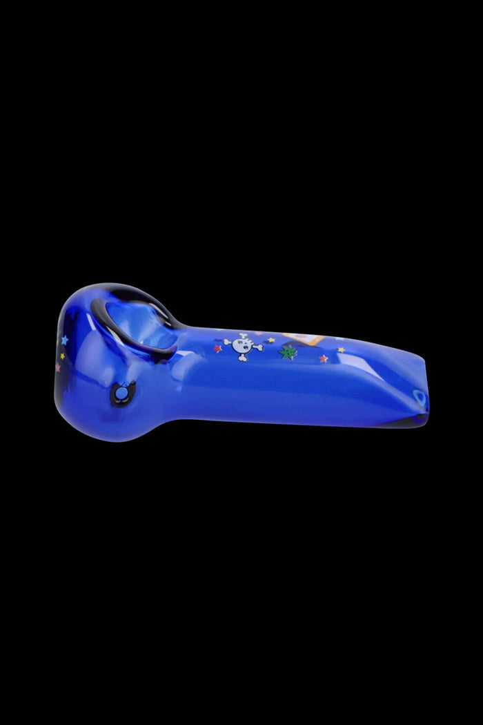 Side view of a blue Wido Strain Hand Pipe with a rounded bowl and small colorful star and skull stickers on its top against a black background