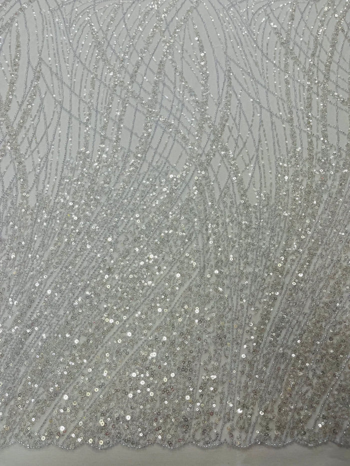 Wild Grass Beaded Fabric - Baby Blue - Embroidered Wavy Grass Pattern Fabric Sold By Yard