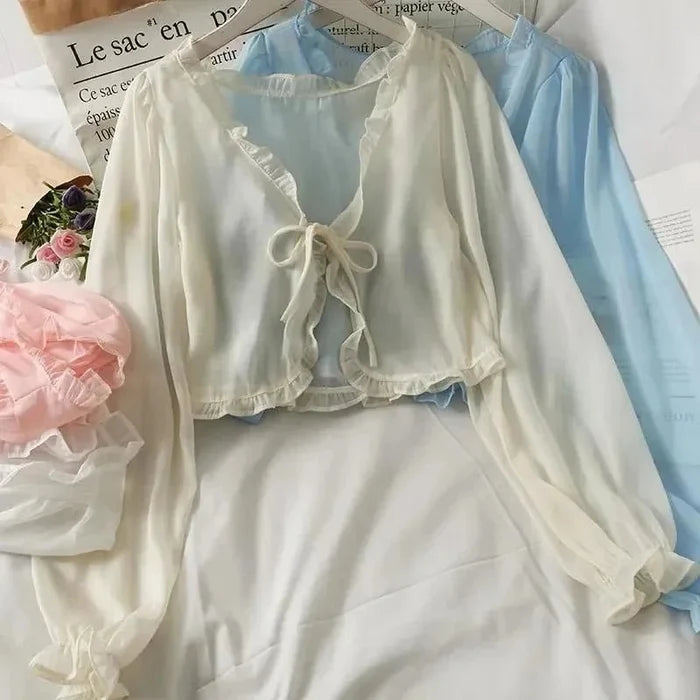 Women Thin Casual Lace Bow Summer Sun Protection Clothes Female Cardigan Shirt Clothing Tops Blouse For Woman - Chrissy's Eye
