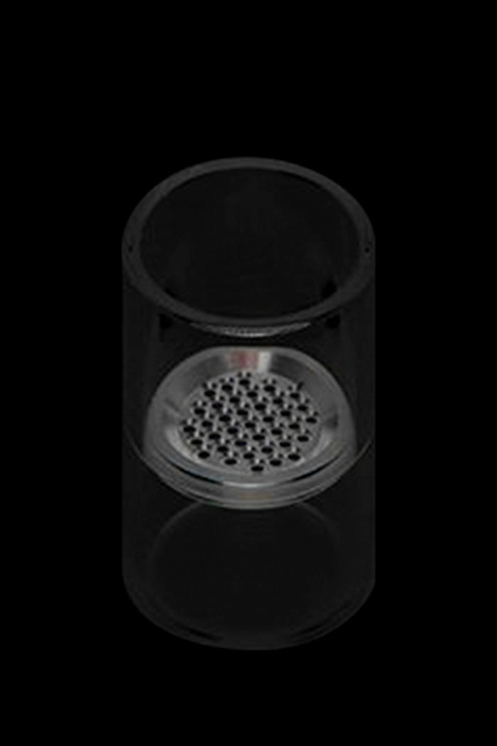 Sleek, cylindrical cannabis concentrate vaporizer device with a perforated heating coil visible inside.