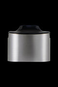 Silver cannabis oil concentrate container with black lid.